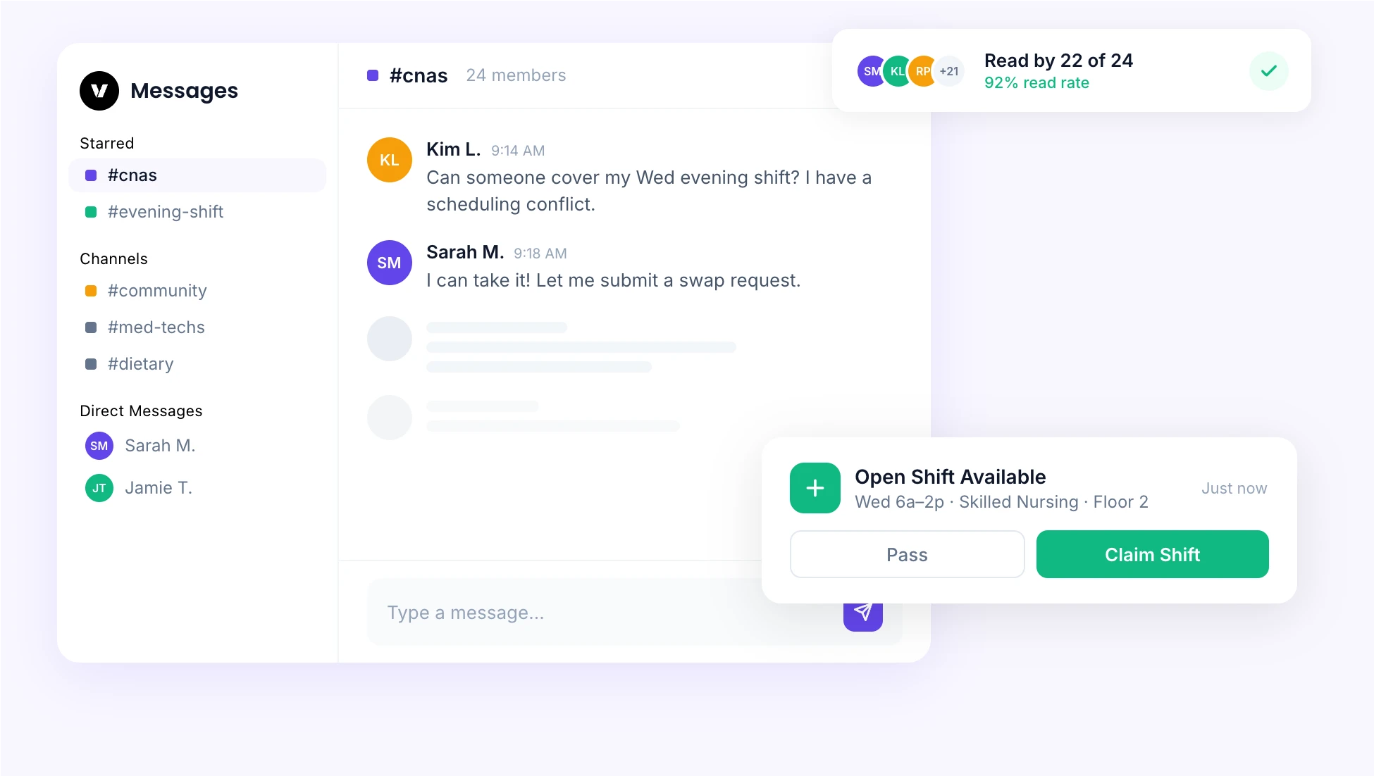 Veras messaging interface with channels, chat thread, and shift action cards